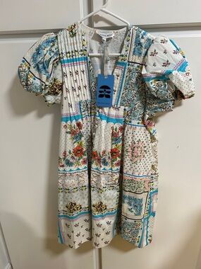 HUNTER BELL Cream Patchwork Floral Puff Sleeve Dress with Blue Accents